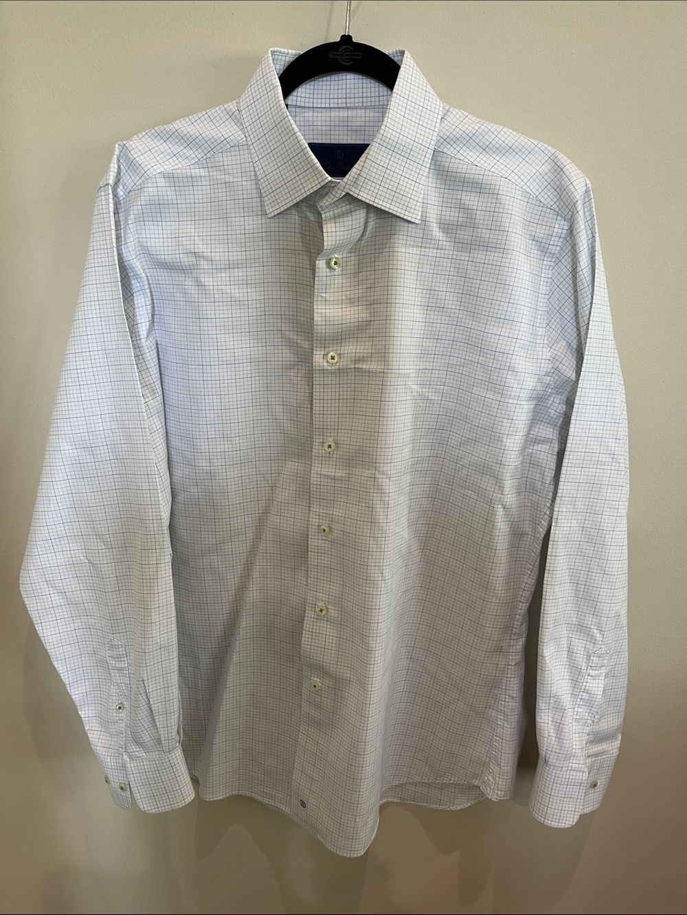 David Donahue White Dress Shirt with Light Blue Grid